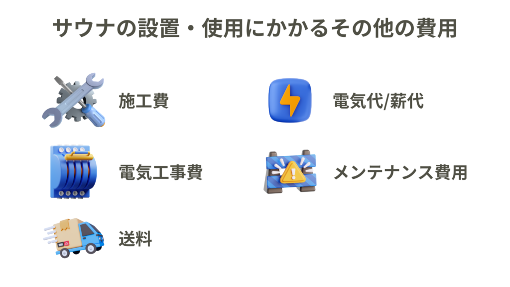 サウナの設置、使用にかかるその他の費用（施工費、電気工事費、送料、電気代・薪代、メンテナンス費用）をまとめた図