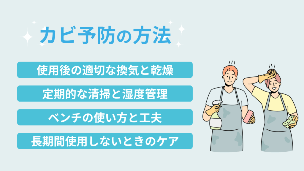 家庭用サウナのカビ予防の方法をまとめた図。
使用後の換気と乾燥、定期的な清掃と温度管理、ベンチの使い方と工夫、長期間使用しないときのケア。