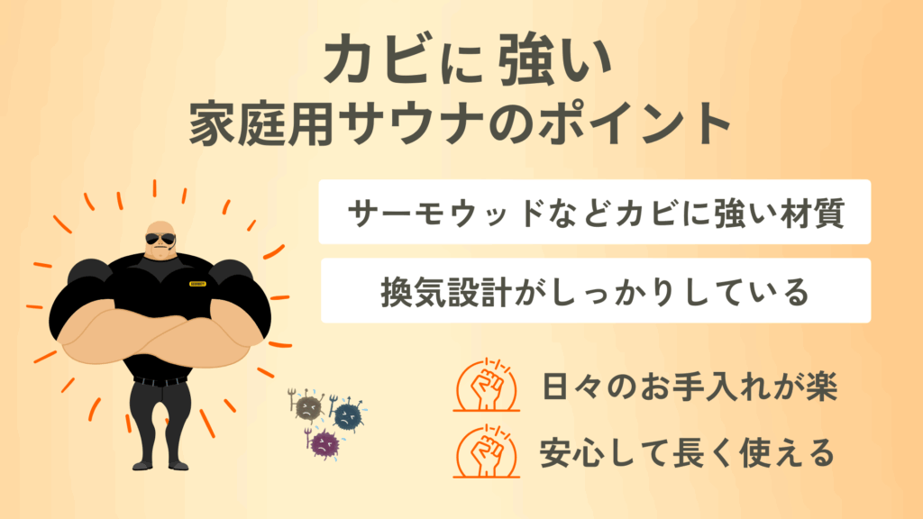 カビに強い家庭用サウナのポイントをまとめた図。
カビに強い材質の物や換気設計がしっかりしているものを選ぶ。