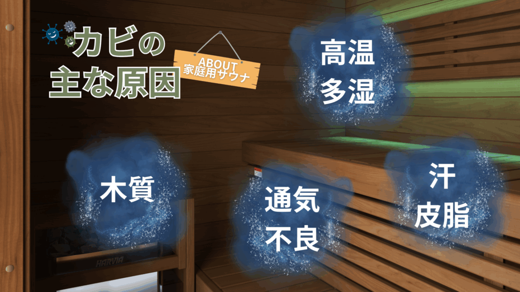 家庭用サウナにおけるカビの主な原因をまとめた図。
高温多湿、木質、通気不良、汗や皮脂の影響。